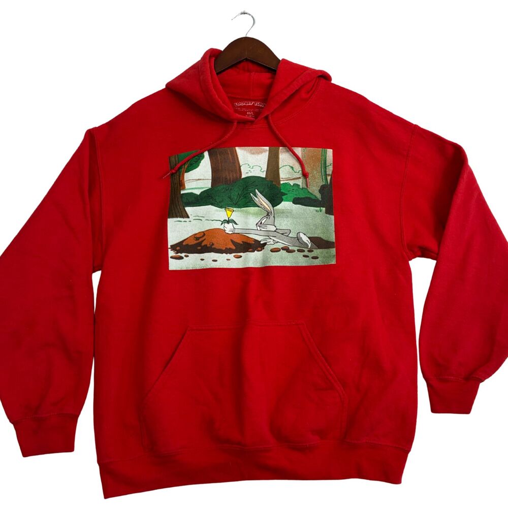 Looney Tunes Bugs Bunny Elmer Fudd Red Hoodie Men XL Graphic Pullover Sweatshirt